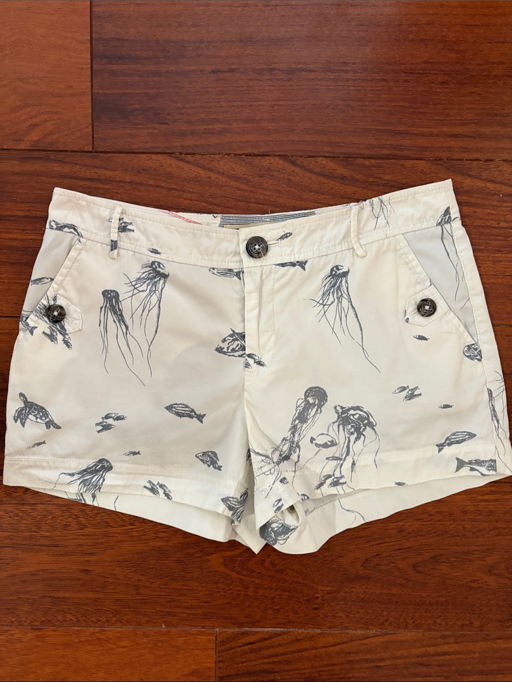 Cream Women's Shorts with Navy Marine Print